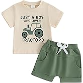 WZTYYDS Toddler Baby Boy Summer Clothes Tractor Letter Print Short Sleeve T-shirt Tops Casual Shorts 2 Piece Outfit