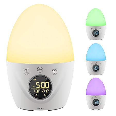 Wecker Nachtauf wachlampe Nachtlicht-Uhr mit 5 Naturgeräuschen Dimmbar Warm Light Sleep Timer Tragbarer Doppelwecker mit wied
