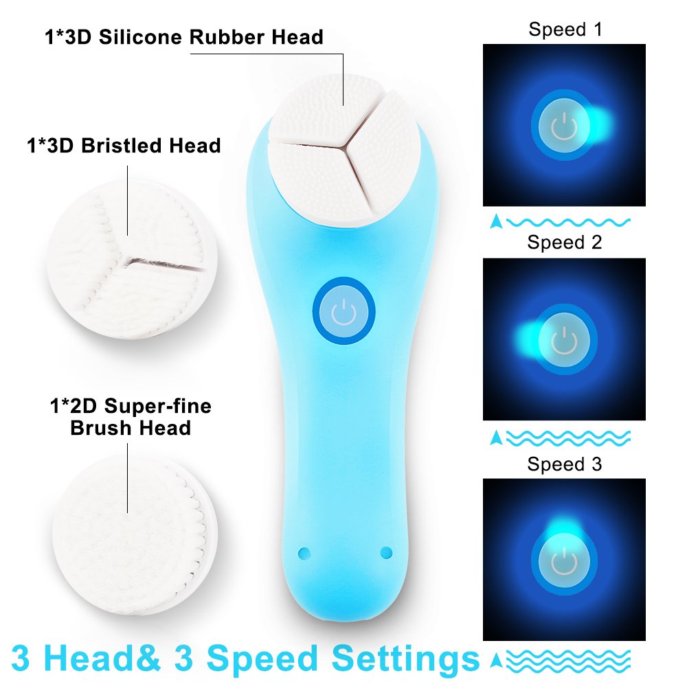 Electric Facial Brush, 3D Vibrating Sonic Waterproof Skin Exfoliating Cleansing System for Body and Face Deep Cleaning, Microdermabrasion Exfoliator with 3 Brush Heads
