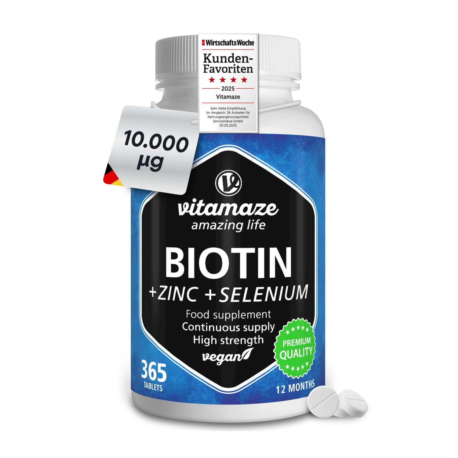 Biotin 10.000 mcg (1year Supply) with Selenium + Zinc, Hair Growth, Skin and Nails Nourishment, 365 Vegan Easy to Swallow Tablets, German Quality, Vitamaze®