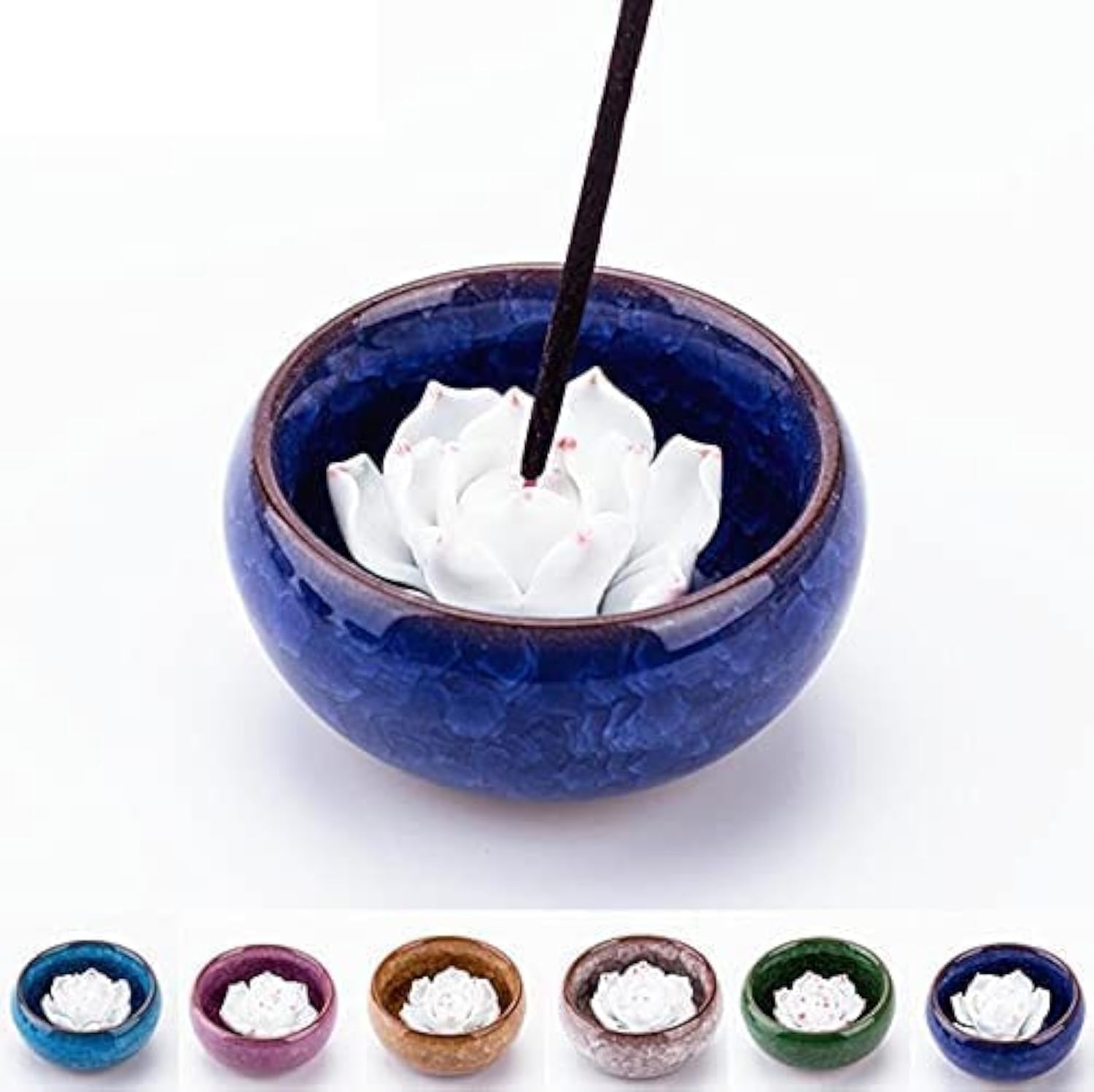 Incense Holder for Sticks, Ceramic Handicraft Incense Burner Bowl, Coil Lotus Ash Catcher Tray 2.37'' (Blue)