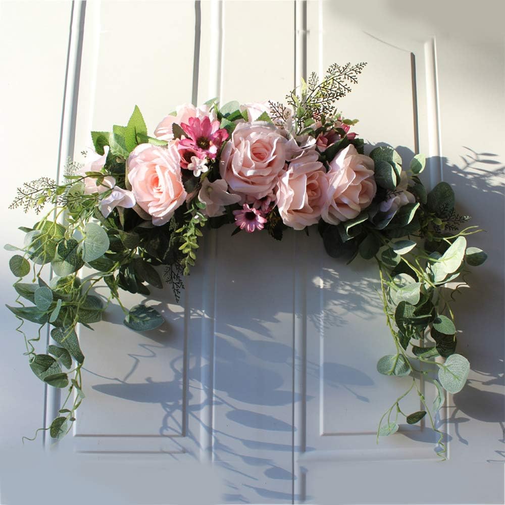 kgjsdf 23.6inch Floral Swag, Decorative Swags with Pink Rose and Green Leaves, Front Door Arch Rose Decor for Wedding Home Garden Decor