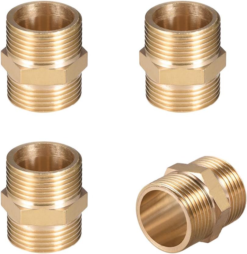 sourcing map Brass Male to Male Straight Pipe Hex Fitting G 3/4 x G 3/4 Male Thread Connector 4pcs, Gold, 32mm x 26mm