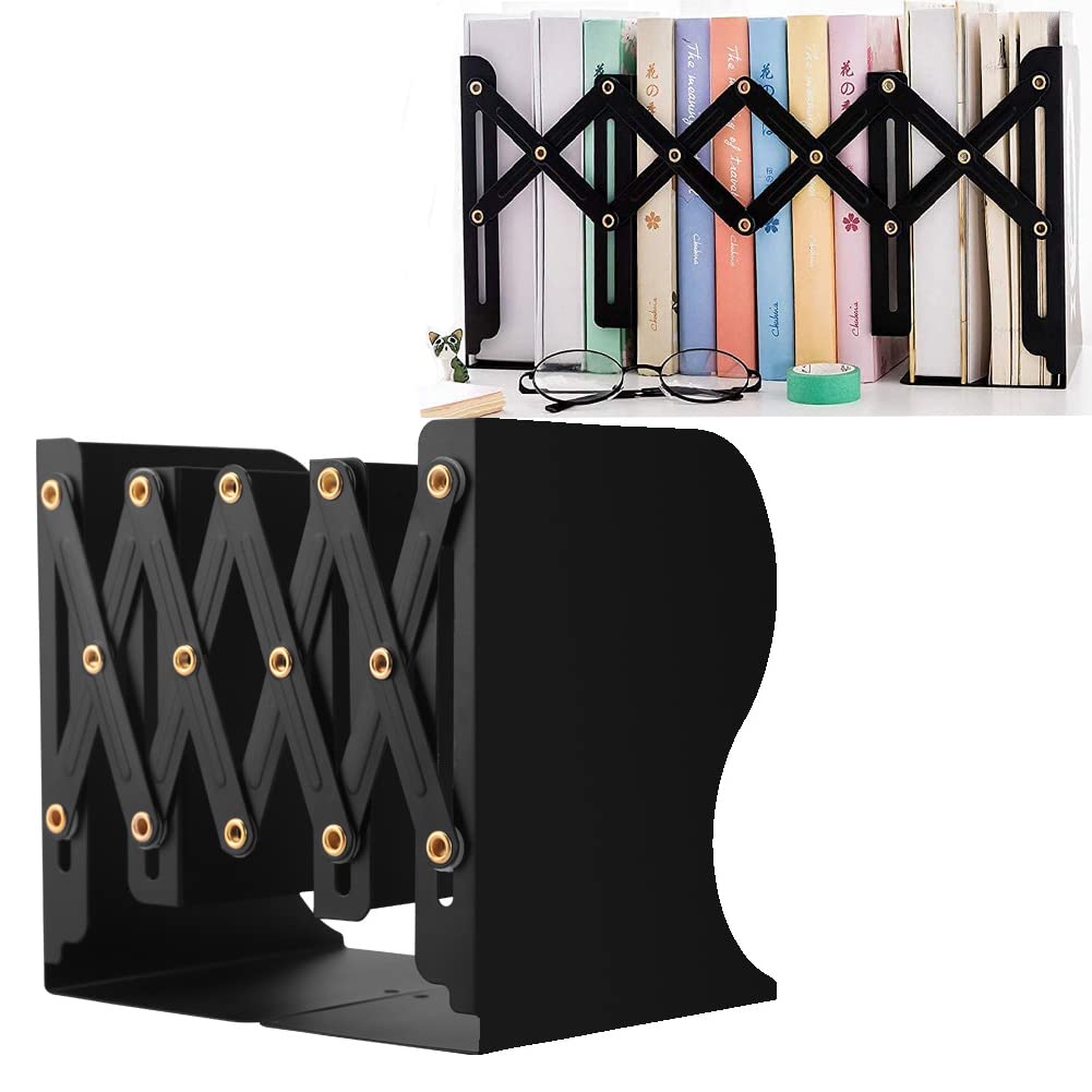 Adjustable Metal Bookends for Heavy Books & File Organizer Holder on Desk, Expandable Bookcase Office & School Supplies (Black)