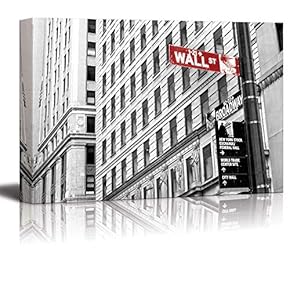 Black and White Photograph with Pop of Color on The Wall Street Sign - Canvas Art Home Art - 12x18 inches