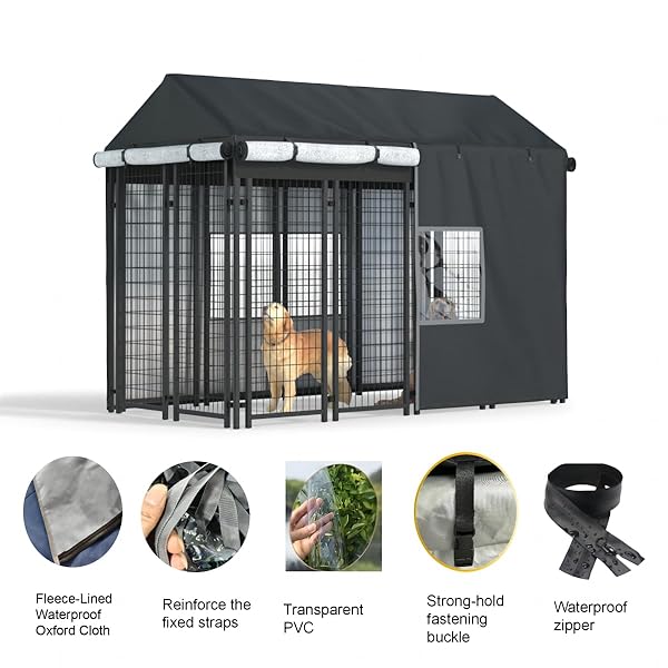 LYBOSH DOG KENNEL COVER 8.1X4.1X6FT – HEAVY DUTY WATERPROOF WINTER INSULATED COVER WITH TRANSPARENT WINDOWS & FLEECE LINING FOR OUTDOOR PET CAGES, BLACK