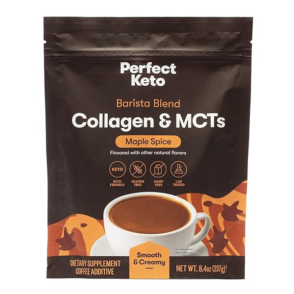 PERFECT KETO BARISTA BLEND COLLAGEN COFFEE CREAMER POWDER WITH MCT OIL, DAIRY FREE, LOW SUGAR, GRASS FED HEALTHY CREAMER FOR KETOGENIC DIET, ENERGY AND HEALTHY SKIN, HAIR AND NAIL SUPPORT, MAPLE SPICE
