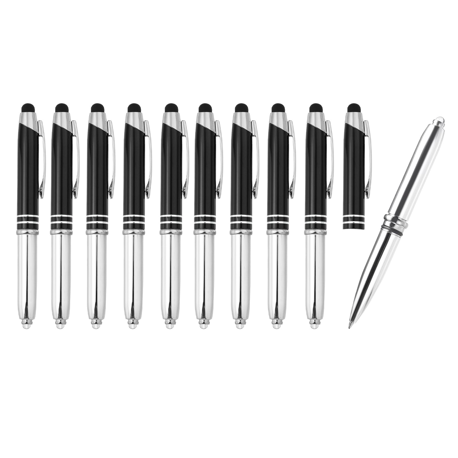 PATIKIL 10 Pack 3 in 1 Metal Pen, Black Ink 1.0mm Medium Point Stylus Pen for Touch Screens, LED Flashlight, Black