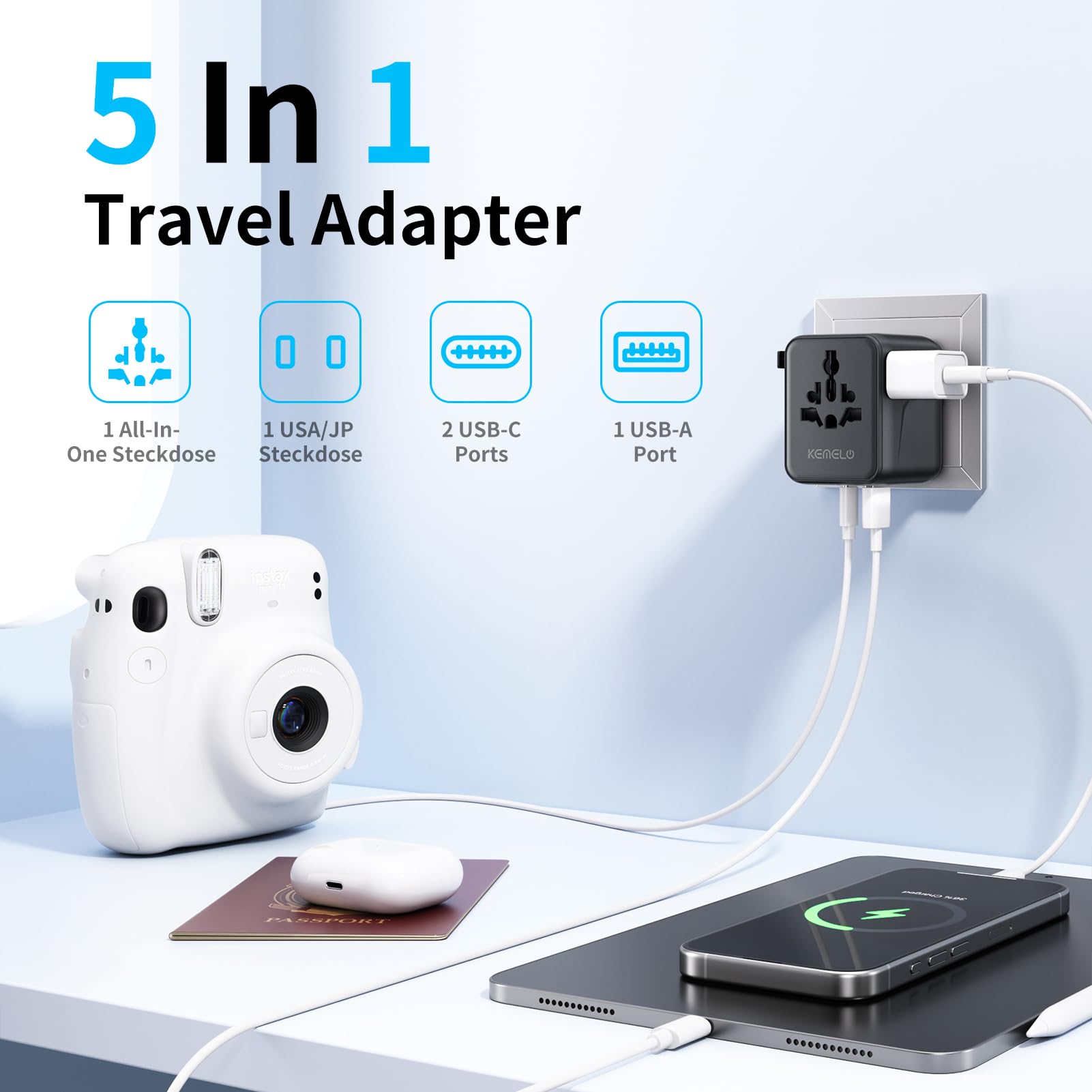 5 in 1 Reiseadapter Weltweit,Universal Adapter mit USB A,USB C,1 Weltweit Steckdose und 1 USA/JP Steckdose,Travel Reisestecker Internationaler Steckdosenadapter für EU USA UK Canada Japan Australien 2