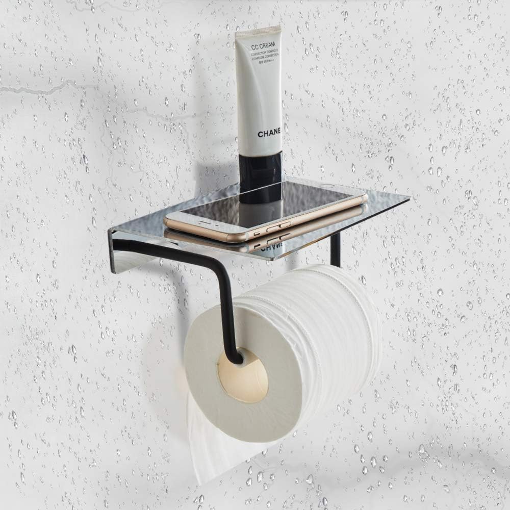 Toilet Paper Holder With Shelf Wall Mount, Bathroom Tissue Holder with Patented Glue + Self-Adhesive, No Drilling Toilet Paper Roll Holder, Stainless Steel with Mirror Brushed Finish + Matte Black: Home & Kitchen