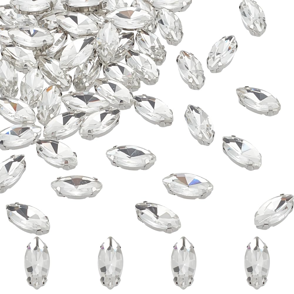 MAYJOYDIY 80pcs Sew on Horse Eyes Crystal Rhinestone 15×6×4mm Crystal Flatback Glass Rhinestone Faceted Gems with Silver Claw Sewing for Clothing Dress Bags Shoes Decorations DIY Craft