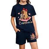 Voxikidio Girls Summer Clothes Cute Capybara Print & Cherry Bow Short Sleeve Shorts Set Tween Girl Outfits Size 6-12