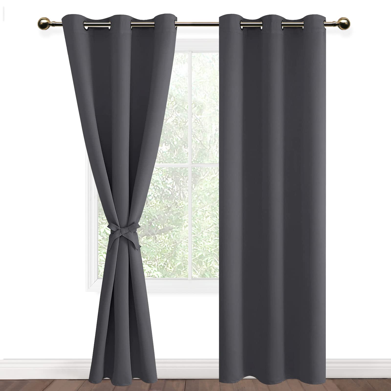 DWCN Thermal Blackout Curtains 90 Drop with Tiebacks for Bedroom Thermal Insulated Solid Eyelet Curtains for Living Room,2 Panels，46 x 90 Inch， Dark Grey