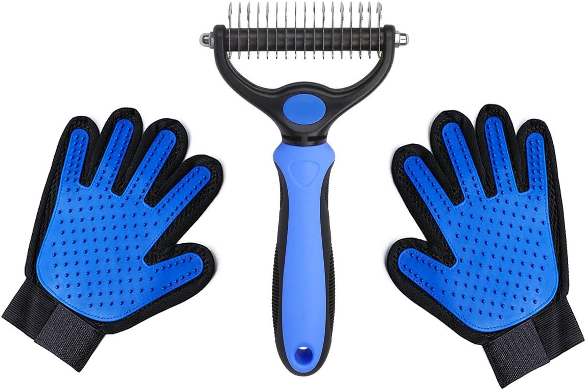 Pet Grooming Brush Two Sided Dematting Comb Rake and Gloves Mats Tangles Knots Removing for Dogs and Cats