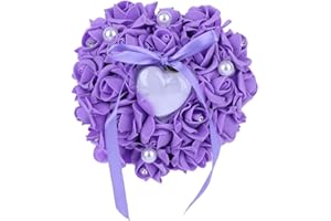 Cyrank Purple Wedding Ring Pillow, Heart Shaped Ring Box, Satin Foam Pillow, Ring Presentation Pillow, 15x13cm