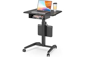 JOY worker Height Adjustable Rolling Laptop Desk with Shelf,Mobile Standing Desk,Pneumatic Mobile Laptop Table with Wheels for Couch Home Office School,Holds Up to 22lbs,Black