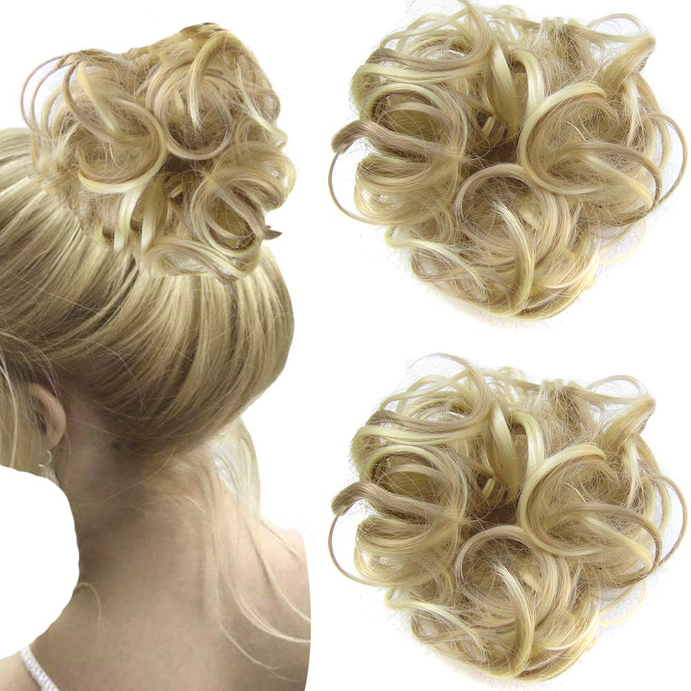 2 PCS Messy Scrunchie Hair Bun Extension Elastic Band Wavy Chignon Updo Hairpiece-Light Ash Brown & Bleach Blonde 14H613