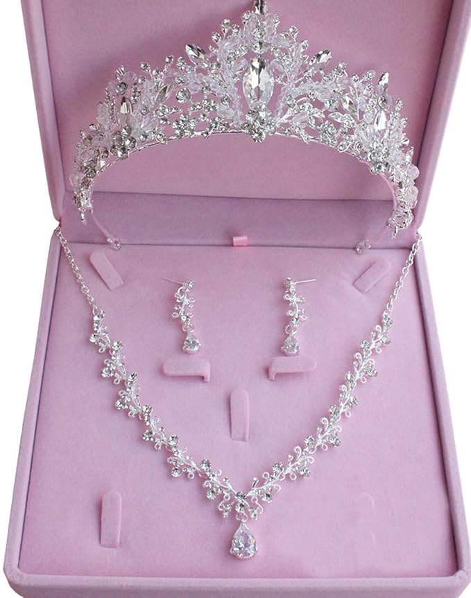 Bride Headdress Jewelry Wedding Necklace Earrings Set Crystal Crown Tiara Review
