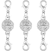 Magnetic Jewelry Clasps, Crystal Ball Connectors with Lobster Clasps, Magnetic Necklace Clasps and Closures Easy-to-Use for Jewelry Closures (3pcs Silvery)