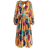 CHICWISH Women's Orange Floral Cut Out Back Pleated Satin Dress