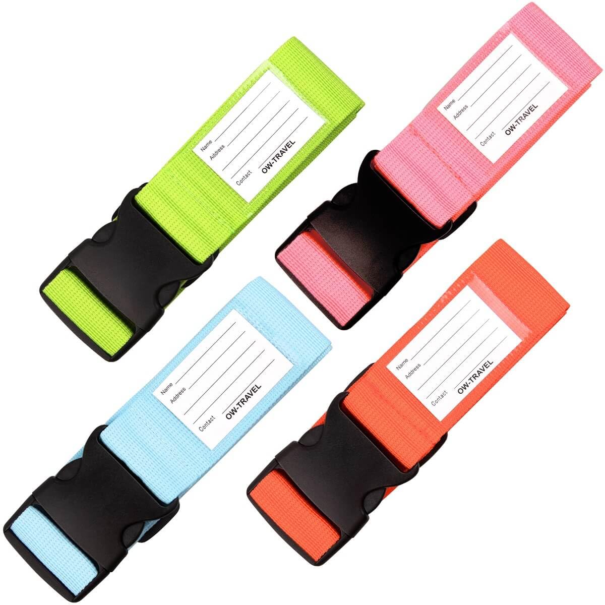 OW-Travel Personalised Luggage Straps for Suitcases (4 Colour Pack) Easy to Spot Suitcase Straps with Address labels. Case Strap Suitcase Strap Luggage Belt for Bags Baggage with Name Card ID Slot