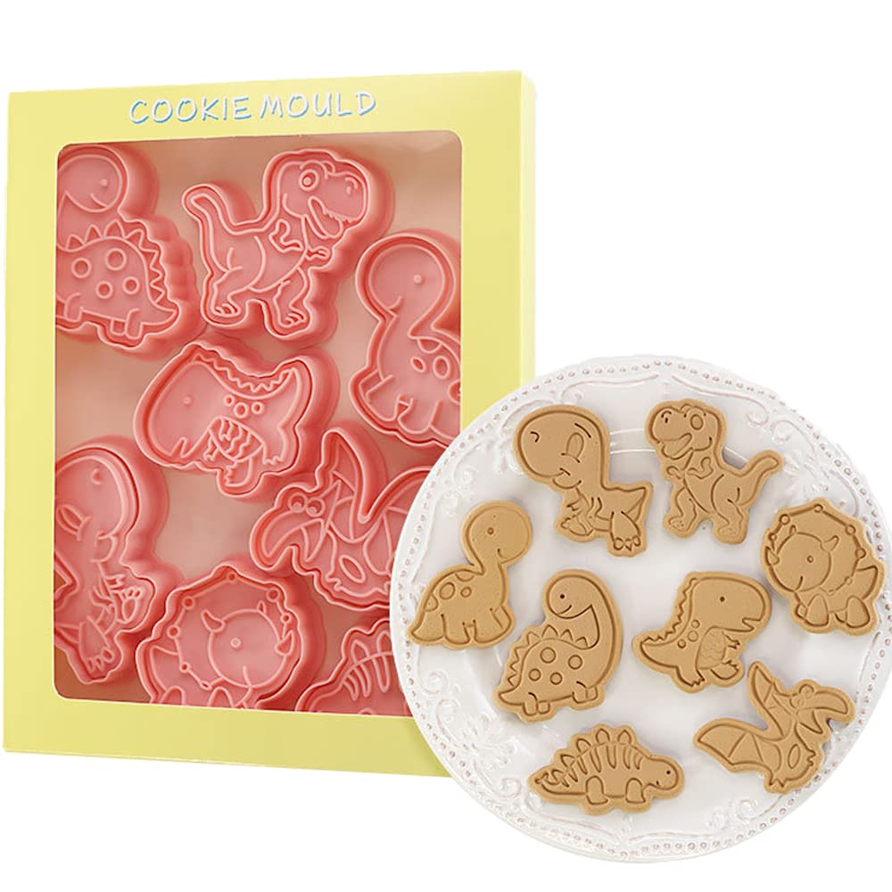 Sunjun 8 Pcs Dinosaur Plastic Pastry Cutters for Baking Cookie Set DIY Cake Fondant Bakeware Decoration Makes Chocolate Mould Dough etc, Pink (Sunjun-12)