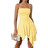 EYNMIN Women's Summer Mini Dress Bodycon Ruched Backless Halter Flowy Ruffle Party Club Short Dresses
