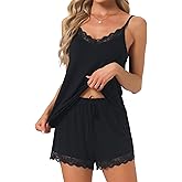 cheibear Womens Cami Pajamas Rayon Lace Trim Sleepwear V-Neck Camisole Tops with Shorts Sleeveless Loungewear Sets