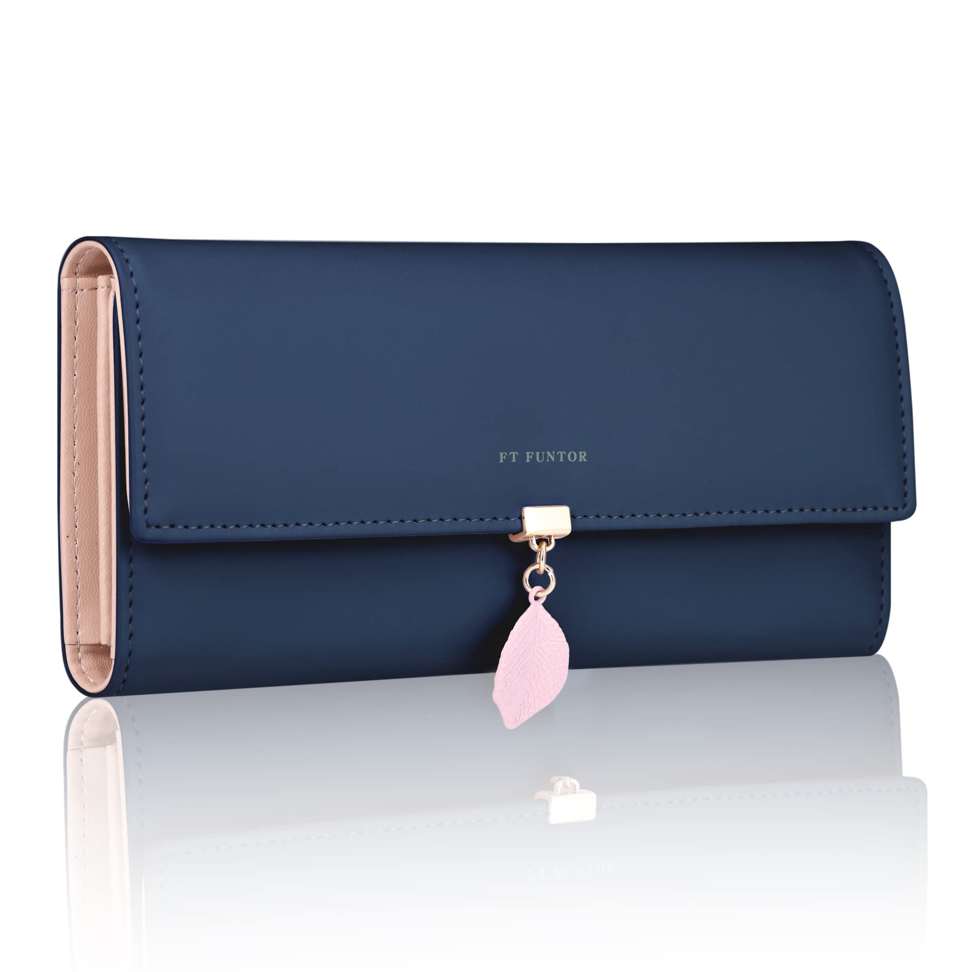 FT FUNTOR PU Leather Wallet for Women RFID Blocking Ladies Leaf Pendant Coin Zipper Long Purse with Multiple Card Slots and Card Holders Phone Pocket (L-Lndigo)