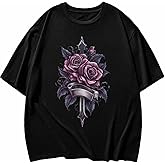 Women's Rose T Shirts, Graphic Tees Oversized Casual Loose Black T Shirt Crew Neck Short Sleeve Tops, Retro