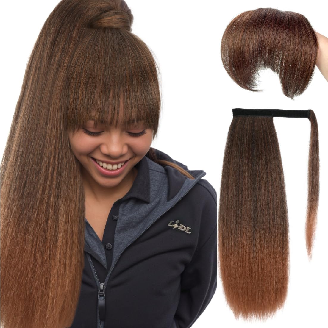 Photo 1 of long Yaki Straight Ponytail Extensions with Bangs for Black Women T1B/30 24inch Synthetic Kinky Straight Wrap Around Magic Paste Ponytail with Bangs Natural Looking Hair Hairpiece for Women(T30)