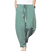 GUDEUBAI Men's Casual Cotton Linen Pants Elastic Waist Drawstring Beach Summer Lightweight Trousers