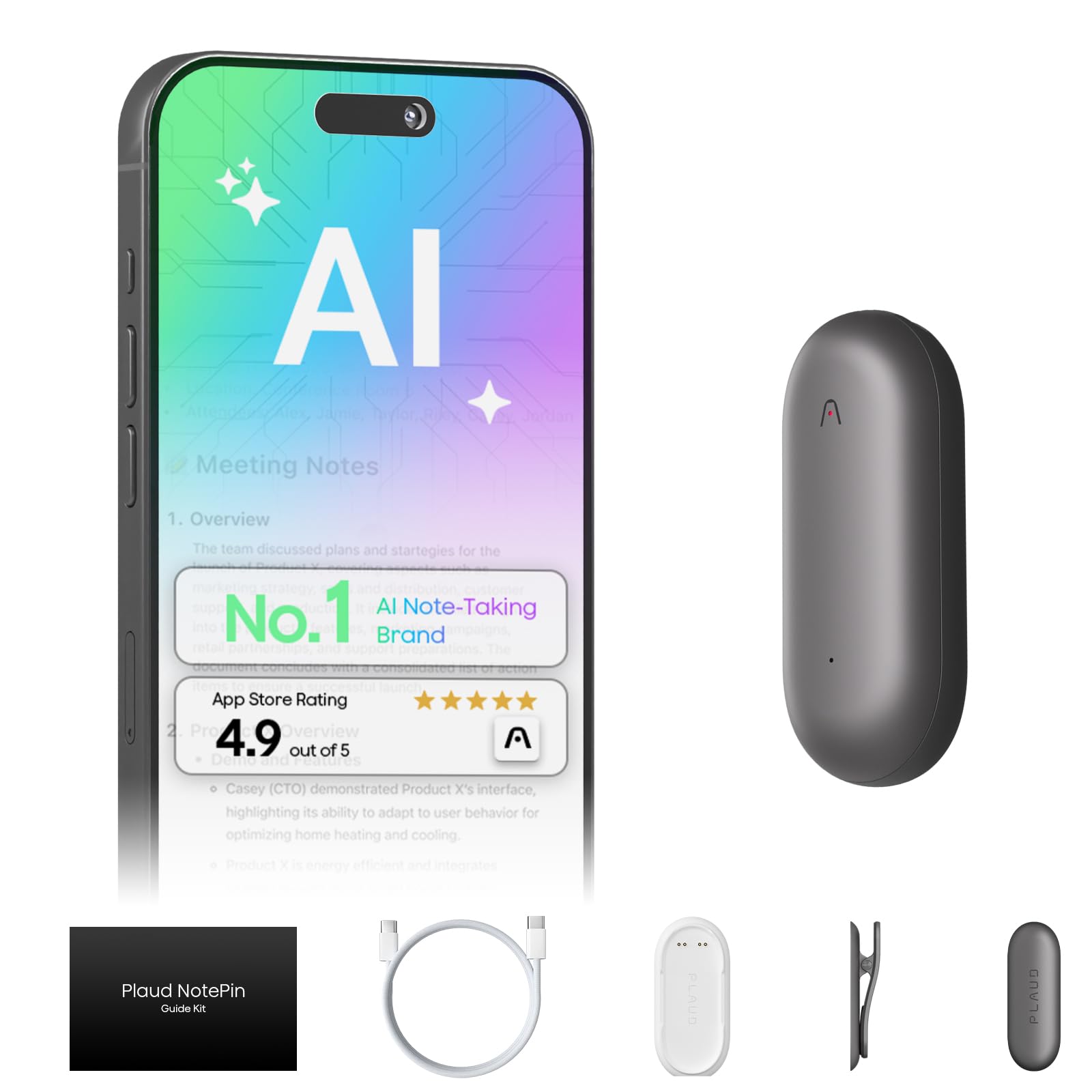 Plaud NotePin Voice Recorder, AI Voice Recorder, App Control, AI Notetaker, AI Transcribe & Summarize, Support 112 Languages, 64GB Memory, Audio Recorder for Lectures, Meetings, Cosmic Gray