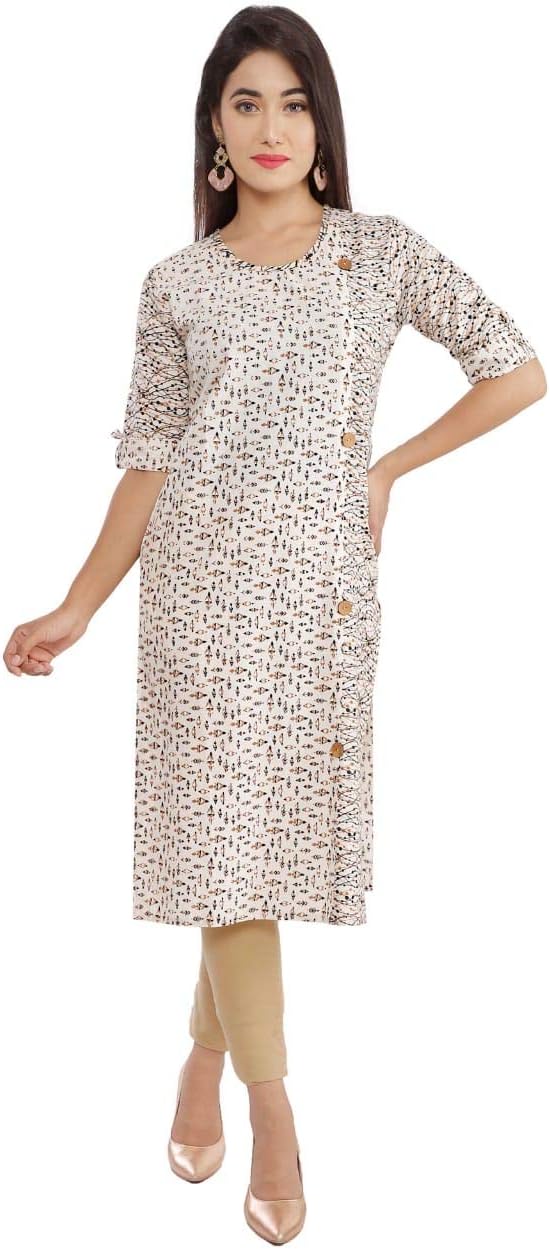 Extend Clothing 100% Cotton Printed Straight 3/4th Sleeve Regular Fit Kurti Round Neck Rayon Khaki Printed for Women/Girl's/Ladies