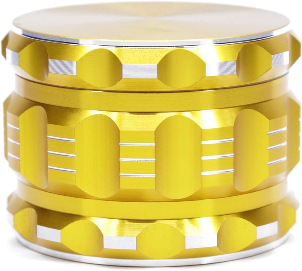 Herb Grinder 2.5 Inches 4 Piece 3 Chamber-Built-in Hidden Mesh Screen Design for fine Pollen Filtering (Gold)
