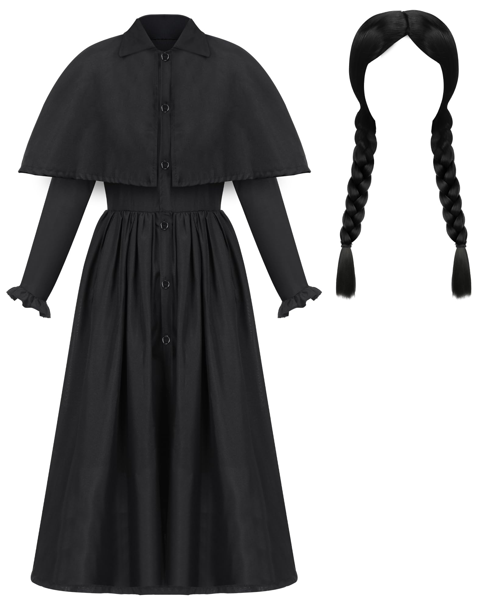 Photo 1 of Breathffy 2 Pack Black Detective Coat Women Gothic Family Halloween Costume Long Straight Double Braided Wig with Bangs(Adult M)