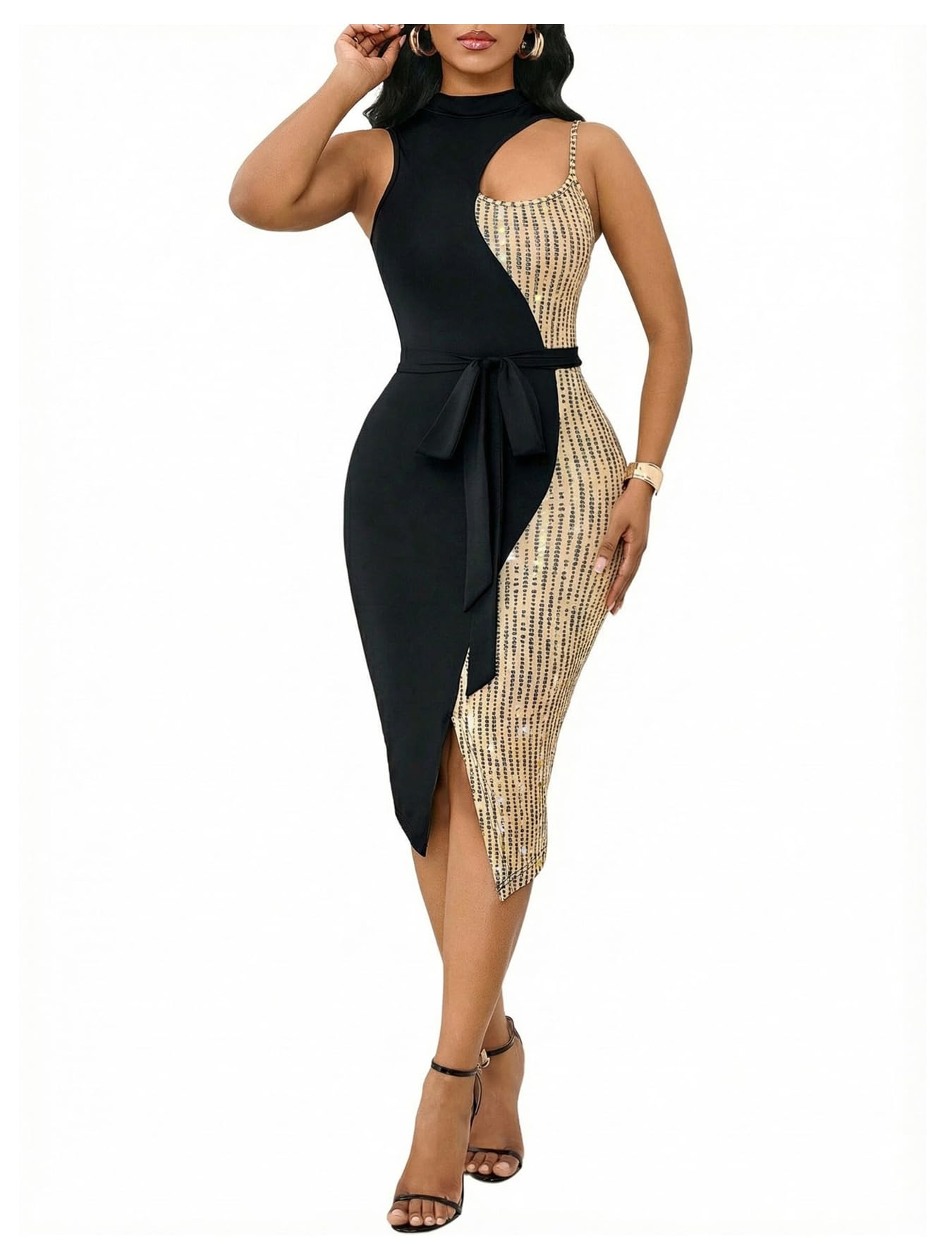 Photo 1 of OYOANGLE Women's Graphic Dots Sleeveless Bodycon Midi Dress Cutout Belted Cocktail Party Dresses Gold and Black X-Large