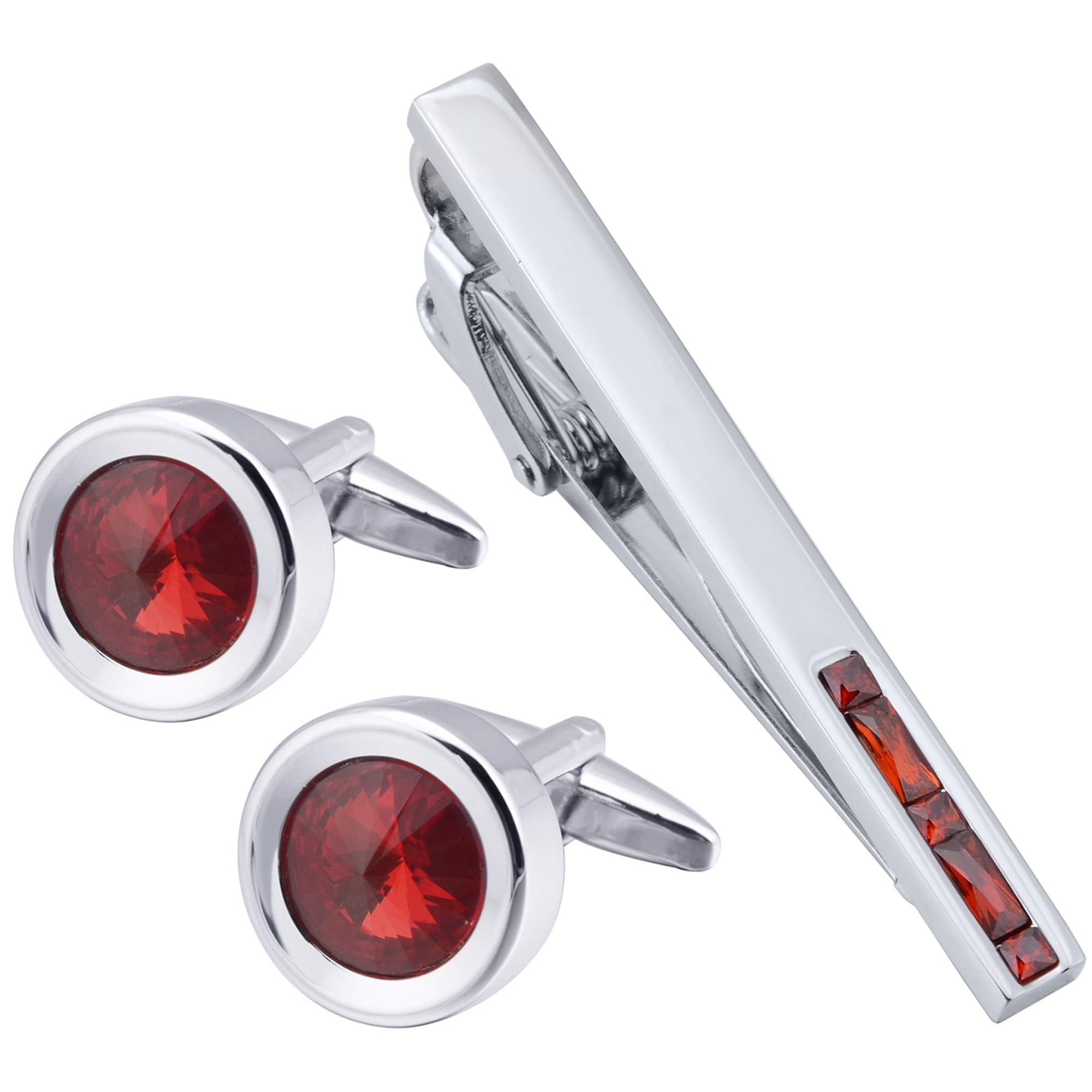 Jonwo Round Diamond Cutting Crystal Men Cufflinks and Tie Clip Set Regular Necktie Tie Pin Cuff Links for Wedding Business Shirt Tie (RedCrystal Tie Clip Cufflinks Set)