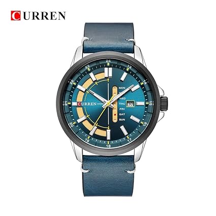 Curren 8307 Blue Luxurious Leather Strap Analogue Watch with Date & Day Indicator- Cur 8307