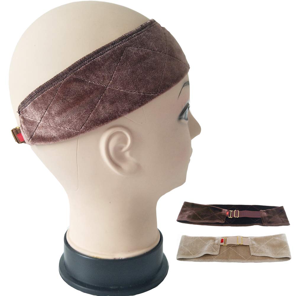 Wig Grip Band Adjustable, Flexible Velvet Wig Headband Comfortable Wig Hair Band Wig Gripper Dark Brown Beige - 2 Pcs