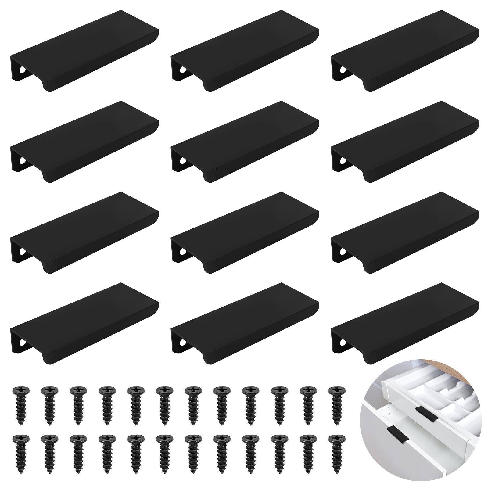 Kulannder 12Pcs Curved Door Handles 80mm Aluminum Alloy Concealed Furniture Handles with 24Pcs Screws for Kitchen & Bedroom Furniture
