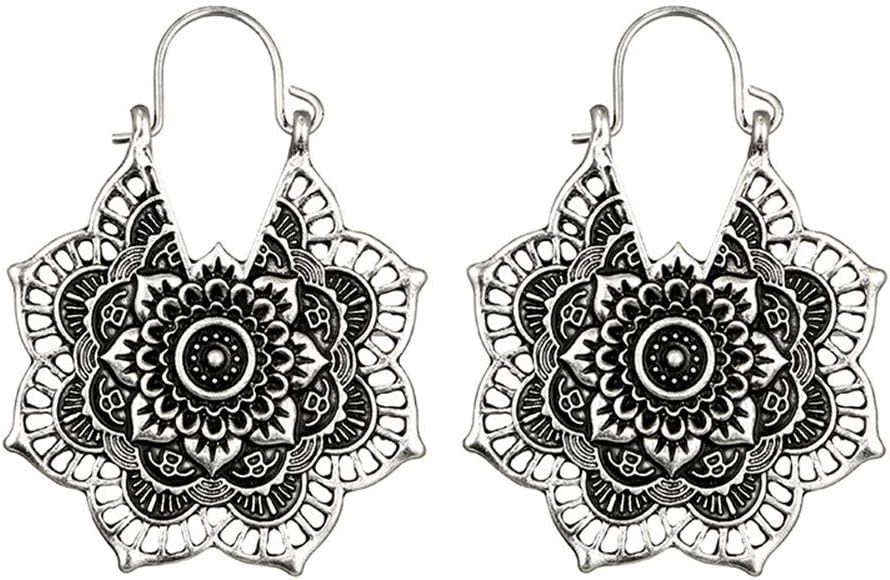 Boho Antique Silver Gypsy Indian Tribal Ethnic Hoop Dangle Mandala Earrings