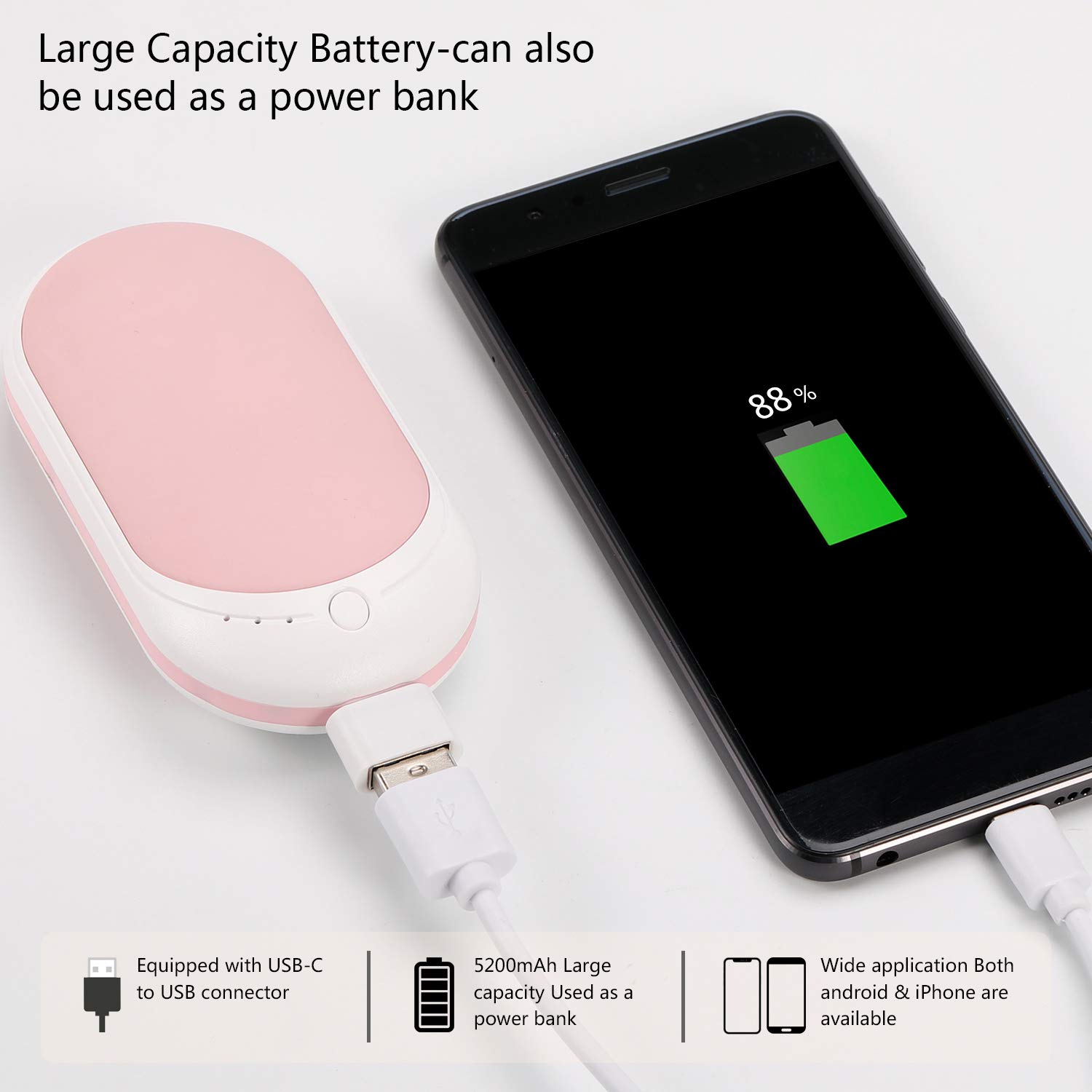 LOMIDA Hand Warmers Rechargeable 5200mAh Power Bank 2-in-1 Portable Battery Charger, Electric Double-Side Pocket Reusable Hand Warmers, Best Gift for Women and Men in Winter (Pink)