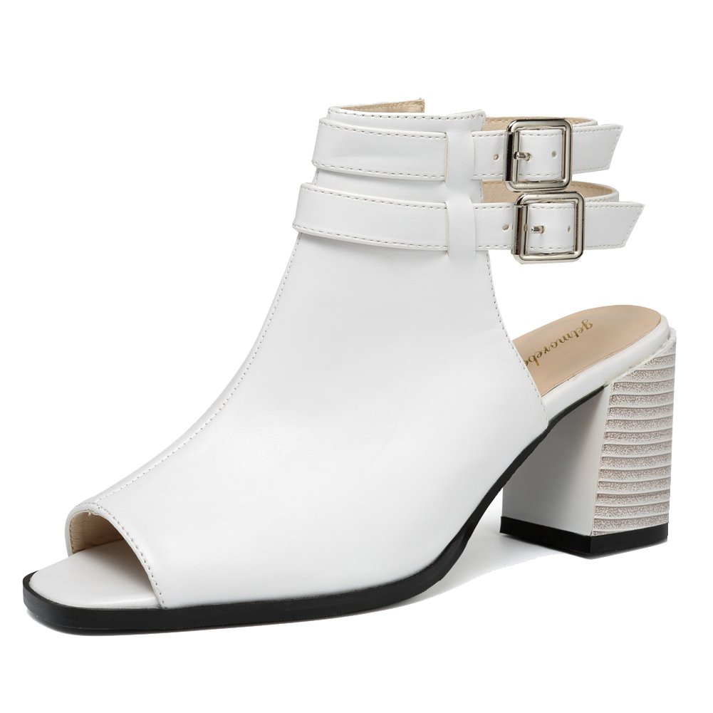 Getmorebeauty Women's Vintage Open Toes Cutout Chunky Stacked Heel Sandals Straps Ankle Bootie (US 10, White)