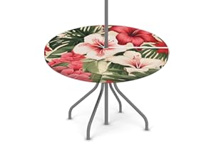 Pardick TropicalFloral Leaf Round Fitted Tablecloth with Umbrella Hole Outdoor Tablecloth Waterproof Umbrella Table Cloth Zippered Tablecloth 45""-56"" Round Elastic Table Cover for Patio