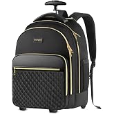 Arcoyard Rolling Backpack for Women, 15.6 Inch Travel Backpack with Wheels | Wheeled Laptop Backpack, Water Resistant Underseat Carry On Luggage, Anti Theft Business Bag for Work College, Black Gold