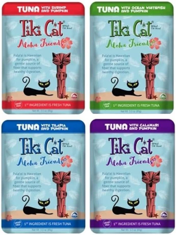 Tiki Cat Aloha Friends Grain Free Cat Food 4 Flavor Variety 8 Pouch Bundle: (2) Tuna Pumpkin Shrimp, (2) Tuna Pumpkin Tilapia, (2) Tuna Whitefish Pumpkin, (2) Tuna Pumpkin Calamari, 3 Oz Ea (8 Tot)