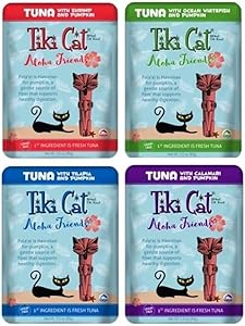 Tiki Cat Aloha Friends Grain Free Cat Food 4 Flavor Variety 8 Pouch Bundle: (2) Tuna Pumpkin Shrimp, (2) Tuna Pumpkin Tilapia, (2) Tuna Whitefish Pumpkin, (2) Tuna Pumpkin Calamari, 3 Oz Ea (8 Tot)