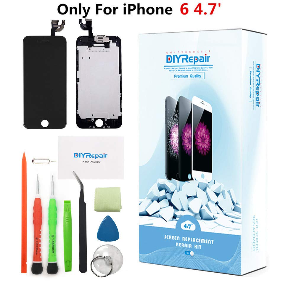 Premium Screen Replacement for iPhone 6 4.7', LCD Complete Repair Kit Display Screen Digitizer Assembly with Ear Speaker, Front Camera, Proximity Sensor, Tempered Glass, Repair Set Kit。 (Black 2)