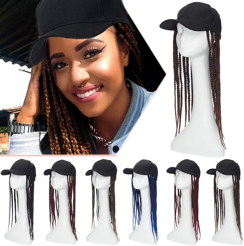 Box Braids Hair Extensions Wig With Baseball Hat Attached Synthetic Hairpiece Cap Hair Wigs (18", Black & Brown)